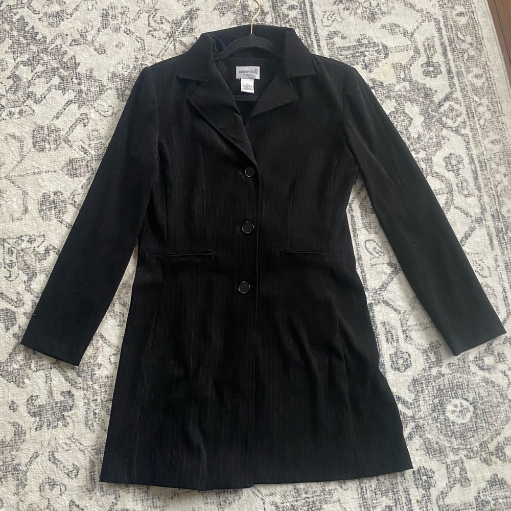 Vtg Y2K Fashion Bug Black White Pinstriped Fitted Long Suit Blazer Soft Jacket S